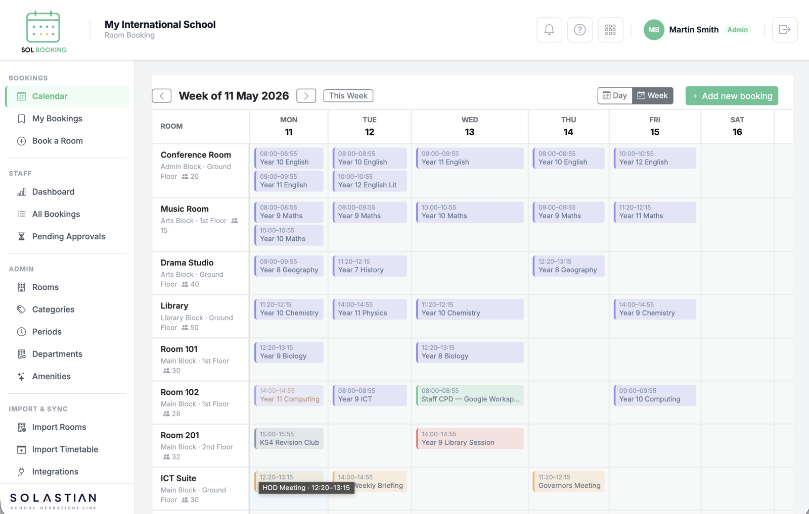 SOL Booking weekly room calendar