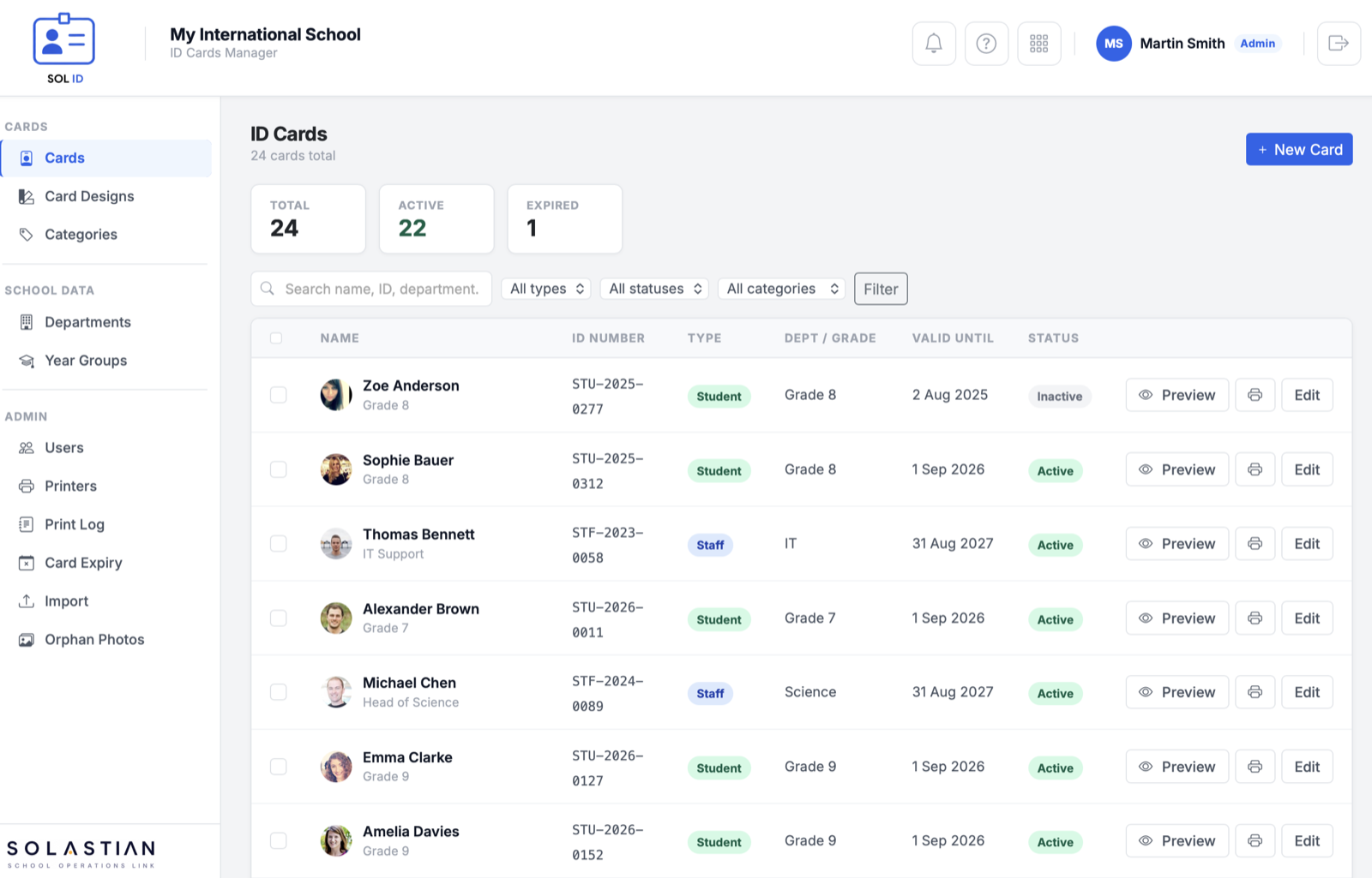 SOL ID cards management screen